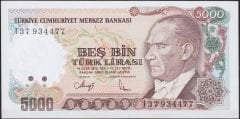 7.Emisyon 4.Tertip 5000 Lira I37 934477 Çilaltı Çil ( Arka yüzde rakam yazılmış )