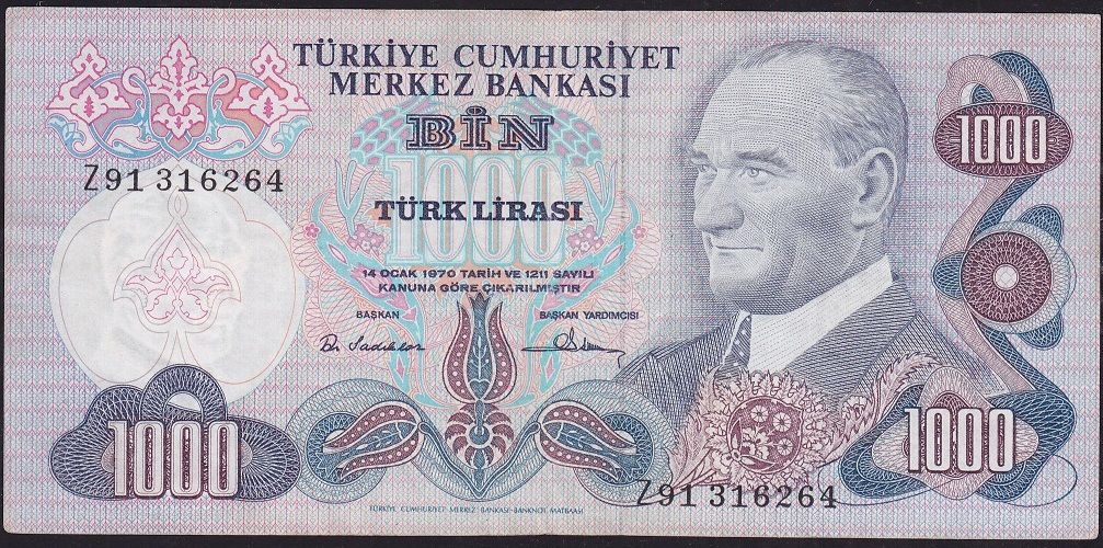 6.Emisyon 1.Tertip 1000 Lira Z91 316264 Çok Çok Temiz ( Düzeltme var )