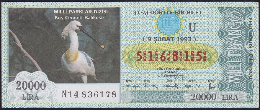 1993 9 Şubat Çeyrek Bilet - U Serisi - Kuş Cenneti Balıkesir