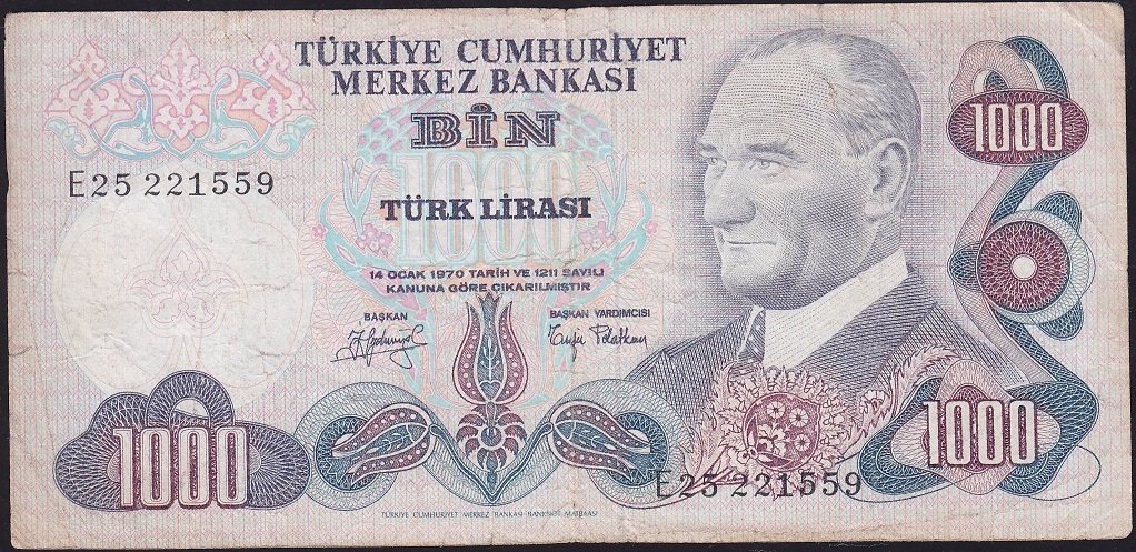 6.Emisyon 2.Tertip 1000 Lira E25 221559 Temiz+