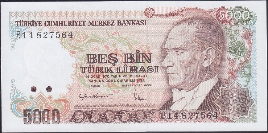 7.Emisyon 2.Tertip 5000 Lira B14 827564 Çilaltı ( Bandrol baskı izi var )