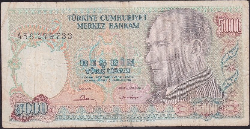 7.Emisyon 1.Tertip 5000 Lira A56 279733 Çok Temiz