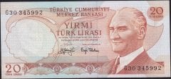 6.Emisyon 3.Tertip 20 Lira G30 345992 Çilaltı
