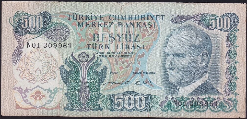 6.Emisyon 2.Tertip 500 Lira N01 309961 Temiz