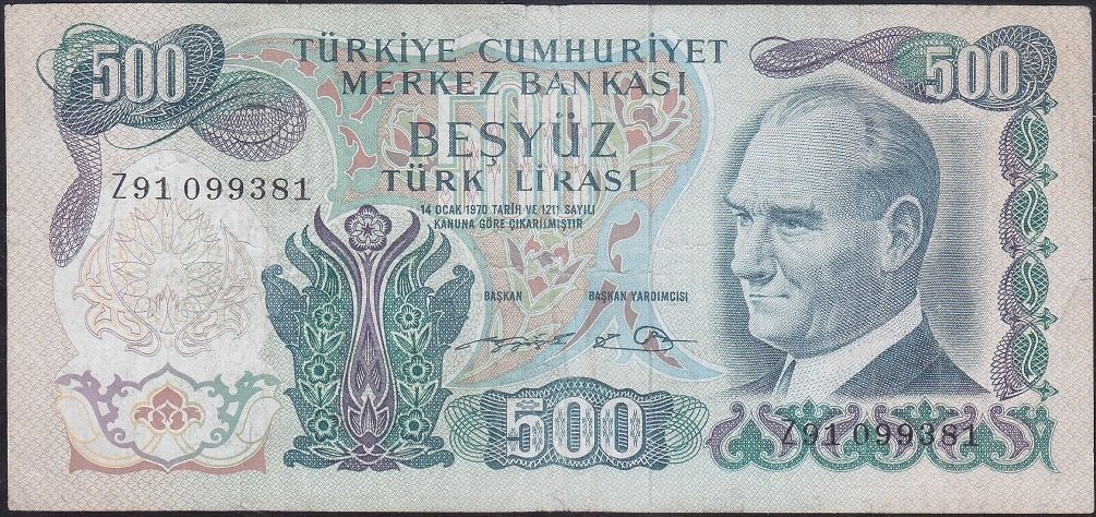 6.Emisyon 2.Tertip 500 Lira Z91 099381 Çok Temiz ( Düzlenmiş )