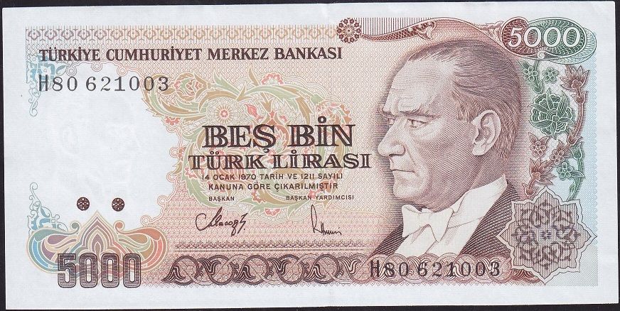 7.Emisyon 4.Tertip 5000 Lira H80 621003 Çilaltı ( Tedavül katı yoktur )