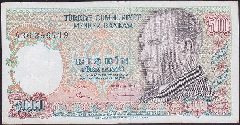 7.Emisyon 1.Tertip 5000 Lira A36 396719 Çok Temiz +