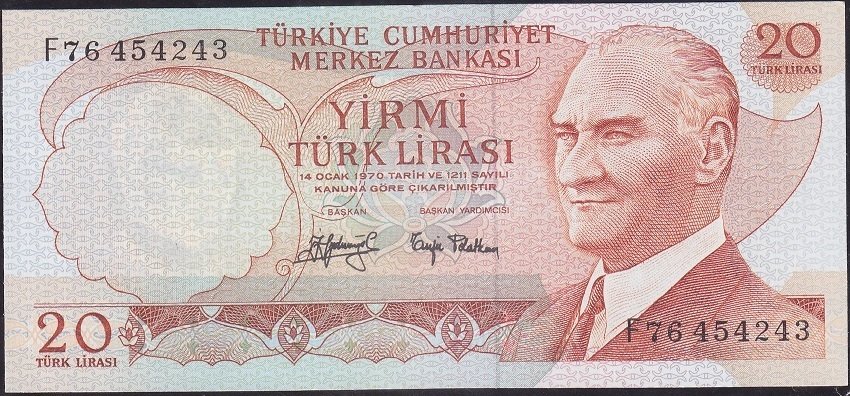 6.Emisyon 3.Tertip 20 Lira F76 454243 Çilaltı