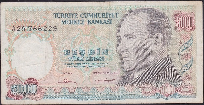 7.Emisyon 1.Tertip 5000 Lira A29 766229 Çok Temiz