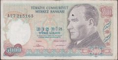 7.Emisyon 1.Tertip 5000 Lira A27 215165 Temiz ( yüzeyde küçük bir delik var )