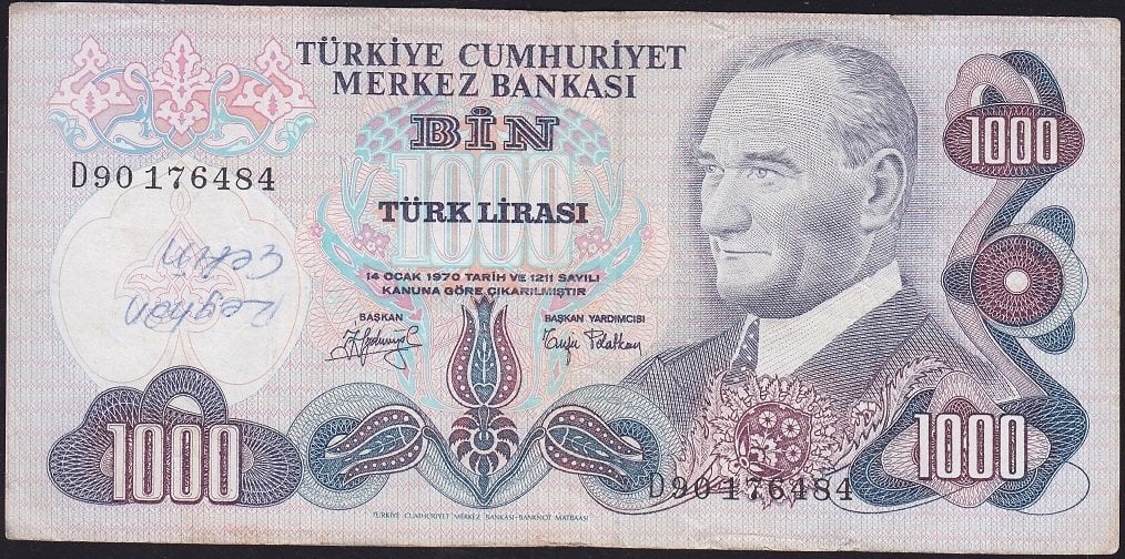 6.Emisyon 2.Tertip 1000 Lira D90 176484 Çok Temiz