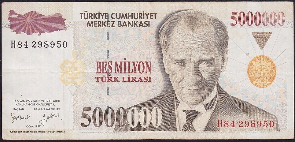 7.Emisyon 5 000 000 Lira H84 298950 Çok Temiz+