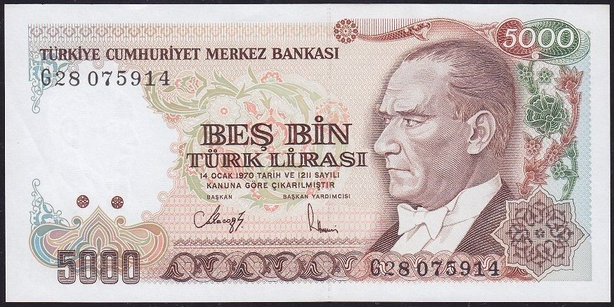 7.Emisyon 4.Tertip 5000 Lira G28 075914 Çilaltı Çil ( Kulakta kırık var )