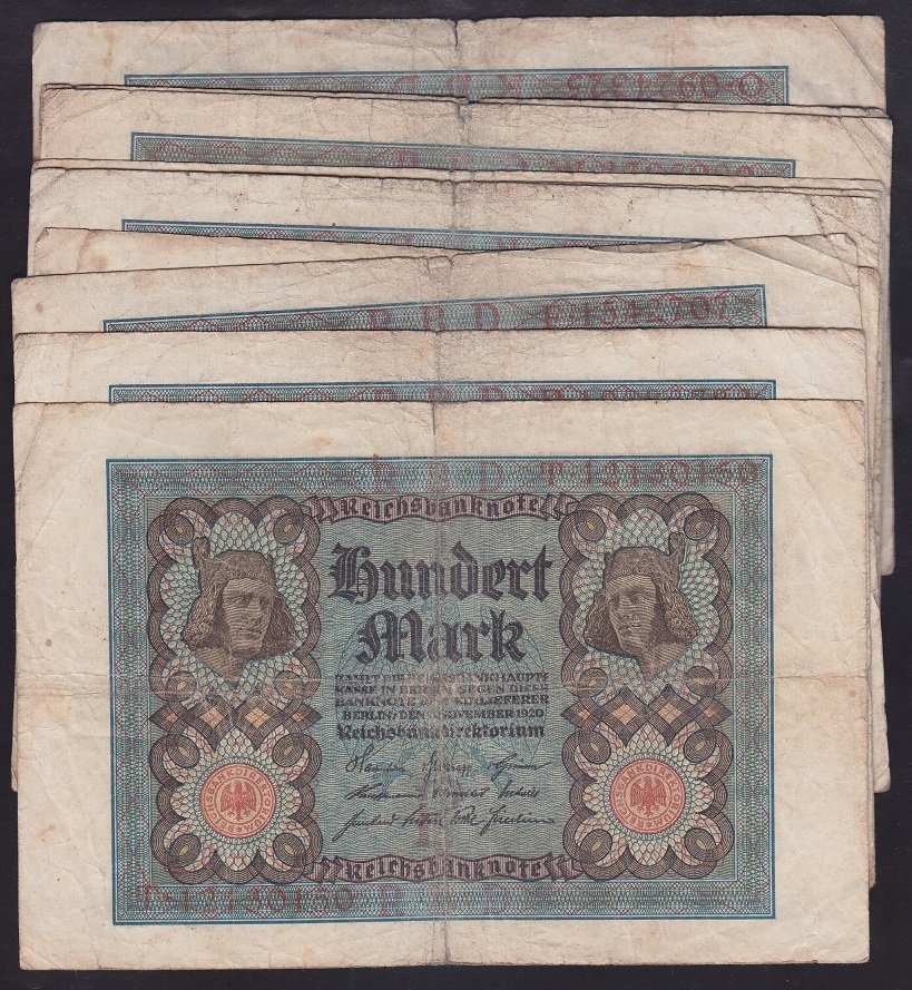 ALMANYA 100 MARK 1920 TEMİZ+   ( 10 ADET ) eski para