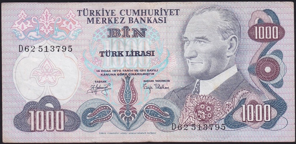 6.Emisyon 2.Tertip 1000 Lira D62 513795 Çok Temiz+