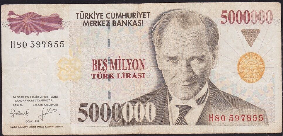 7.Emisyon 5 000 000 Lira H80 597855 Çok Temiz