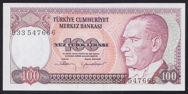 7.EMİSYON 1.TERTİP 100 LİRA B33 547666 ÇİL