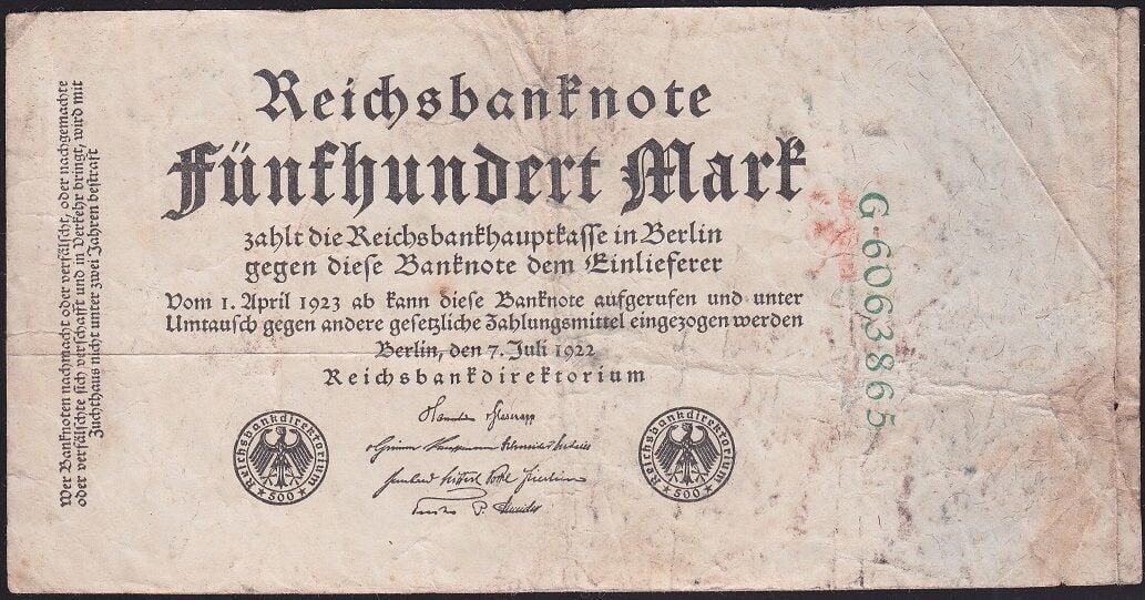 Almanya 500 Mark 1922 Çok Temiz