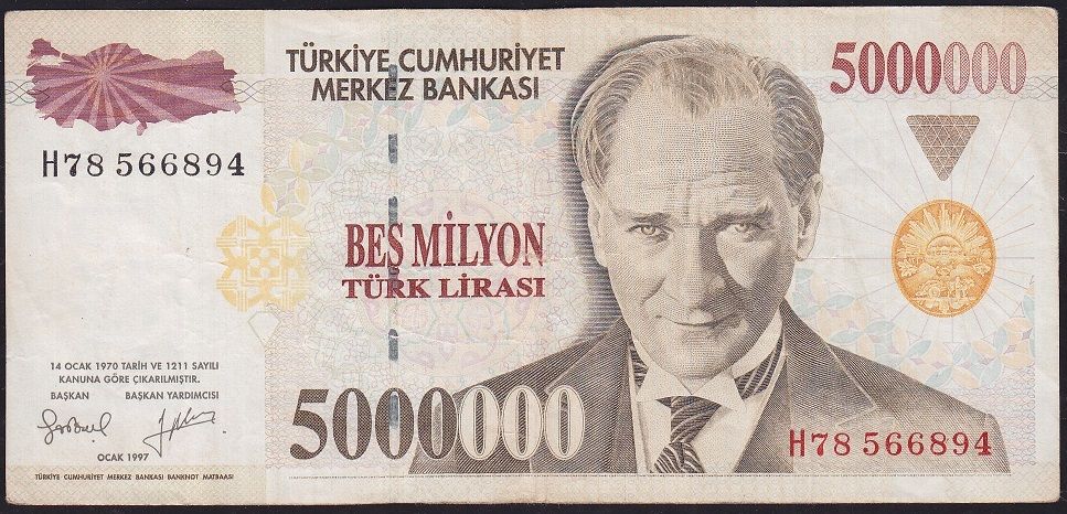 7.Emisyon 5 000 000 Lira H78 566894 Çok Temiz+