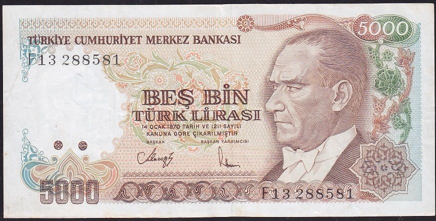 7.Emisyon 3.Tertip 5000 Lira F13 288581 Çok Temiz