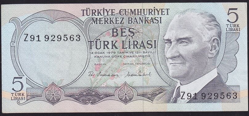 6.Emisyon 2.Tertip 5 Lira Z91 929563 Çok Temiz+