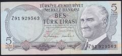6.Emisyon 2.Tertip 5 Lira Z91 929563 Çok Temiz+