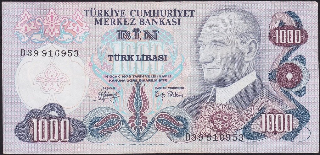 6.Emisyon 2.Tertip 1000 Lira D39 916953 Çok Temiz+