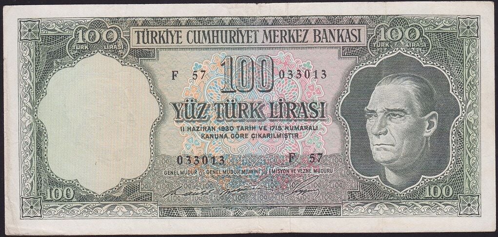 5.Emisyon 6.Tertip 100 Lira F57 033013 Çok Temiz