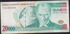 7.Emisyon 20.000.000 Lira F83 804296 Çok Temiz+