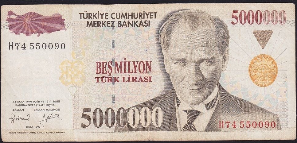 7.Emisyon 5 000 000 Lira H74 550090 Çok Temiz