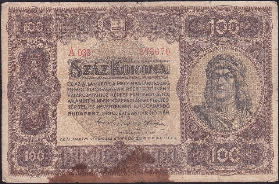 MACARİSTAN 100 KORONA 1920 TEMİZ eski para alan yerler