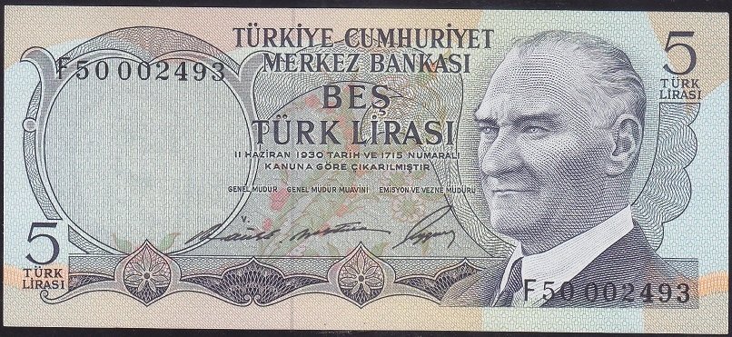 6.EMİSYON 1.TERTİP 5 LİRA F50 002493 ÇİL