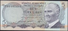 6.EMİSYON 1.TERTİP 5 LİRA F50 002493 ÇİL