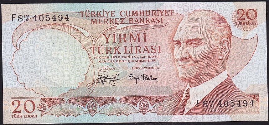 6.Emisyon 3.Tertip 20 Lira F87 405494 Ççt Çilaltı