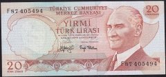 6.Emisyon 3.Tertip 20 Lira F87 405494 Ççt Çilaltı