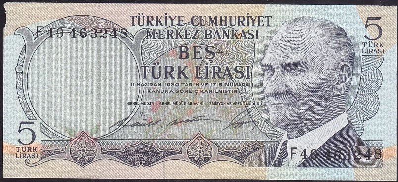 6.EMİSYON 1.TERTİP 5 LİRA F49 463248 ÇÇT eski kağıt para değerleri