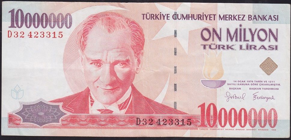 7.Emisyon 10 000 000 Lira D32 423315 Çok Temiz+