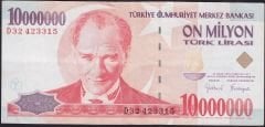 7.Emisyon 10 000 000 Lira D32 423315 Çok Temiz+