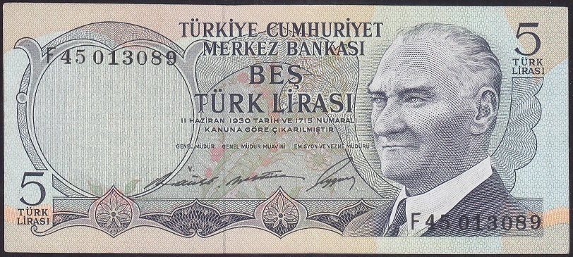 6.EMİSYON 1.TERTİP 5 LİRA F45 013089 ÇÇT ÇİLALTI eski para değerleri