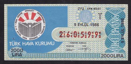 1986 9 EYLÜL TAM BİLET TÜRK HAVA KURUMU