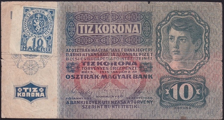 ÇEKOSLOVAKYA 10 HALERU 1919 - AVUSTURYA 10 KORONA ÜSTÜNE PUL SÜRSAJLI  TEMİZ +