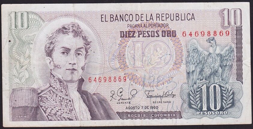 Kolombiya 10 Pesos 1980 Çok Temiz+