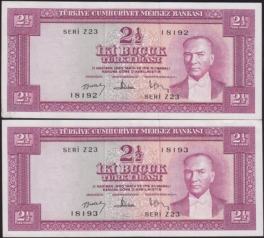 5.Emisyon 3.Tertip 2.5 Lira Z23 18192-93 Seri Takipli Çok Çok Temiz+