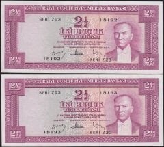 5.Emisyon 3.Tertip 2.5 Lira Z23 18192-93 Seri Takipli Çok Çok Temiz+