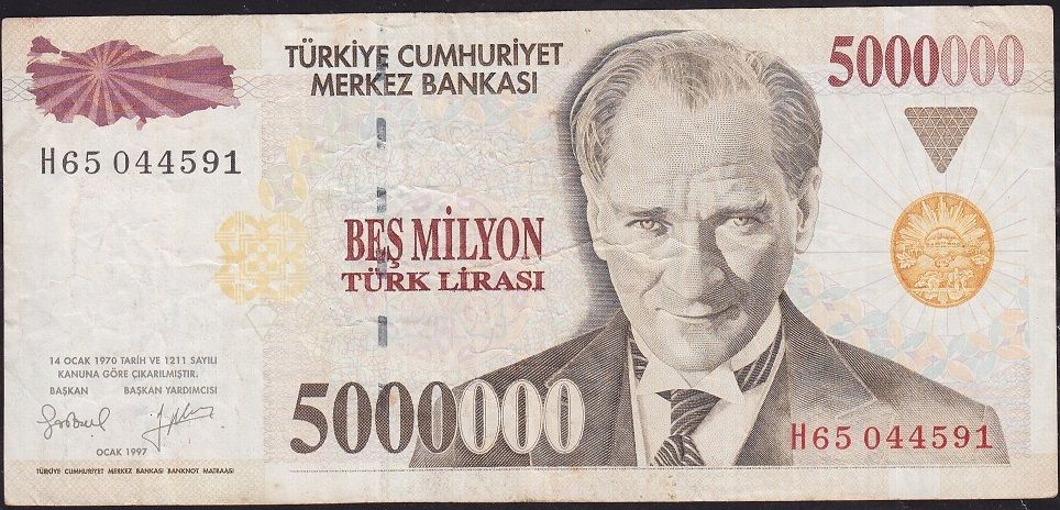 7.Emisyon 5 000 000 Lira H65 044591 Çok Temiz