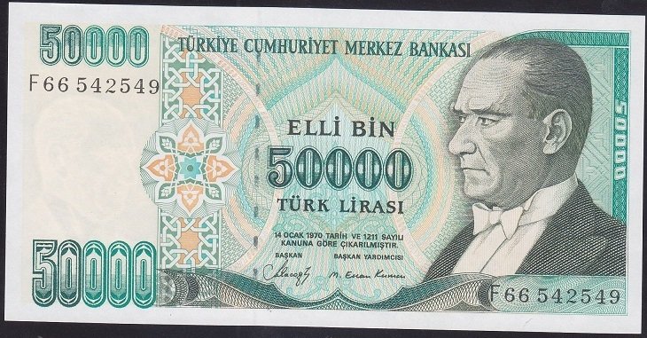 7.EMİSYON 1.TERTİP 50000 LİRA F66 542549 ÇİL