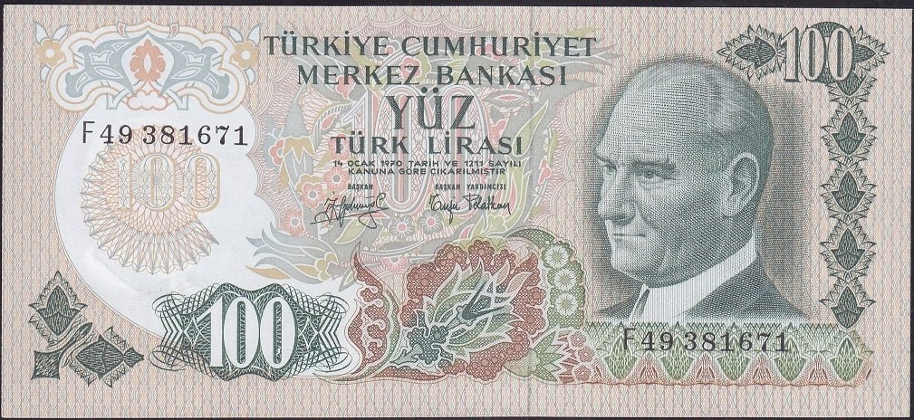 6.EMİSYON 2.TERTİP 100 LİRA F49 381671 ÇİLALTI ( HAFİF KAYIK BASKI )