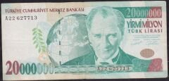 7.Emisyon 20000000 Lira A22 627713 Çok Temiz