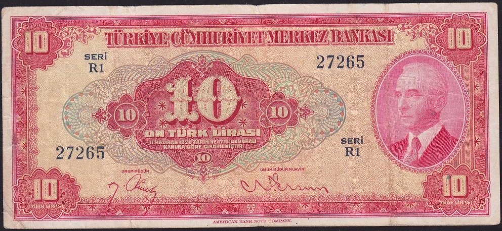 4.Emisyon 1.Tertip 10 Lira R1 27265 Çok Temiz