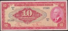 4.Emisyon 1.Tertip 10 Lira R1 27265 Çok Temiz